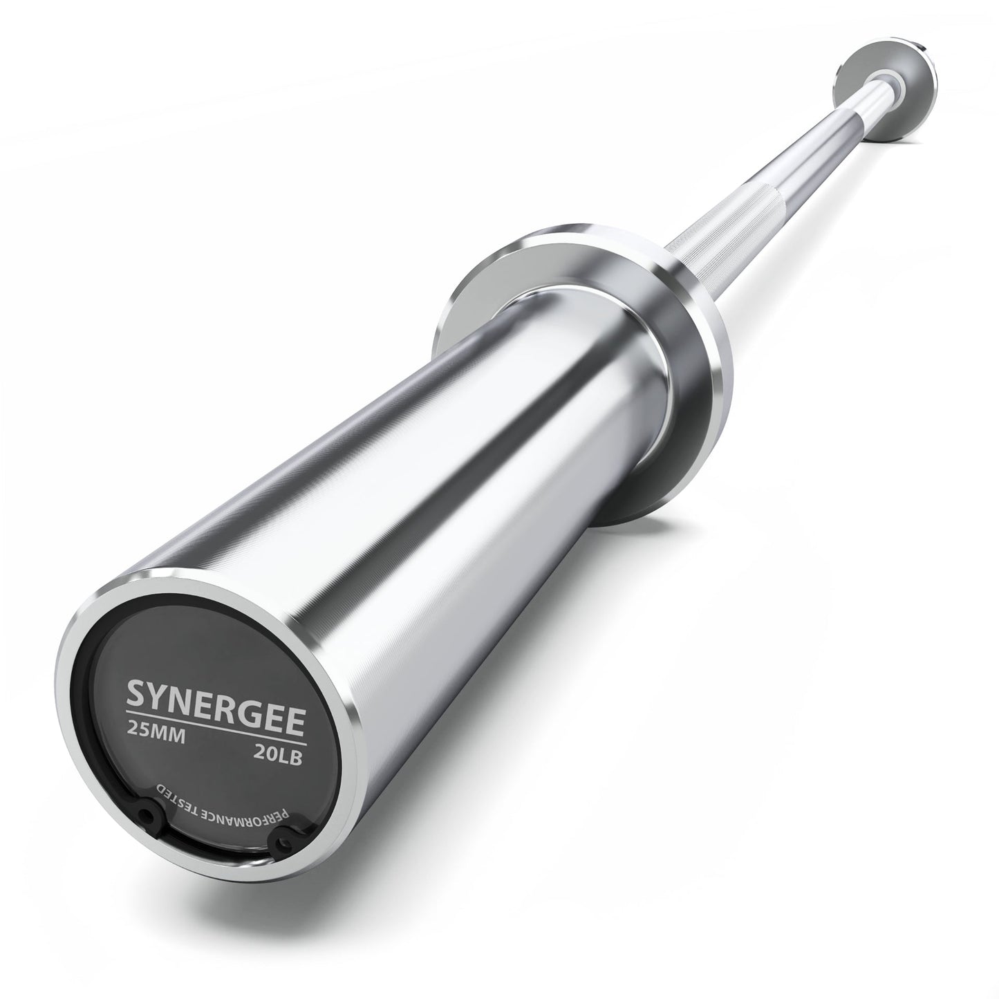 Synergee Olympic barbell with a sleek silver finish and 20 lb weight capacity.