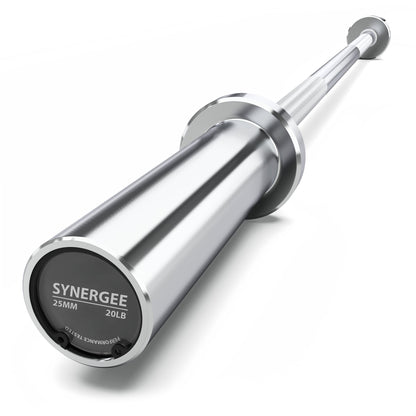 Synergee Olympic barbell with a sleek silver finish and 20 lb weight capacity.