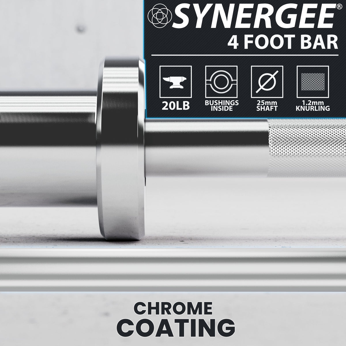 Synergee 4 foot bar with chrome coating and knurling details for enhanced grip.