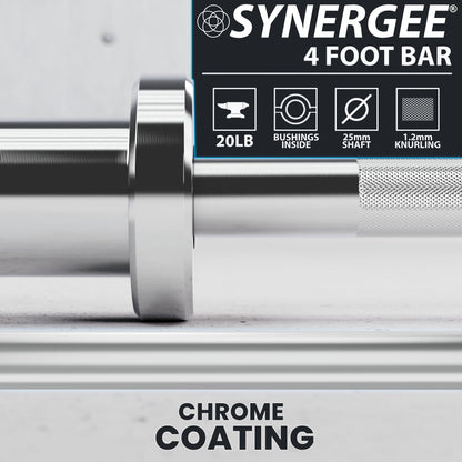 Synergee 4 foot bar with chrome coating and knurling details for enhanced grip.