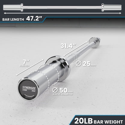 Synergee 20lb bar with a length of 47.2 inches and a diameter of 50mm, showcasing its sleek design.