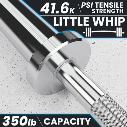 Little Whip barbell with 41.6K PSI tensile strength and 350lb capacity.