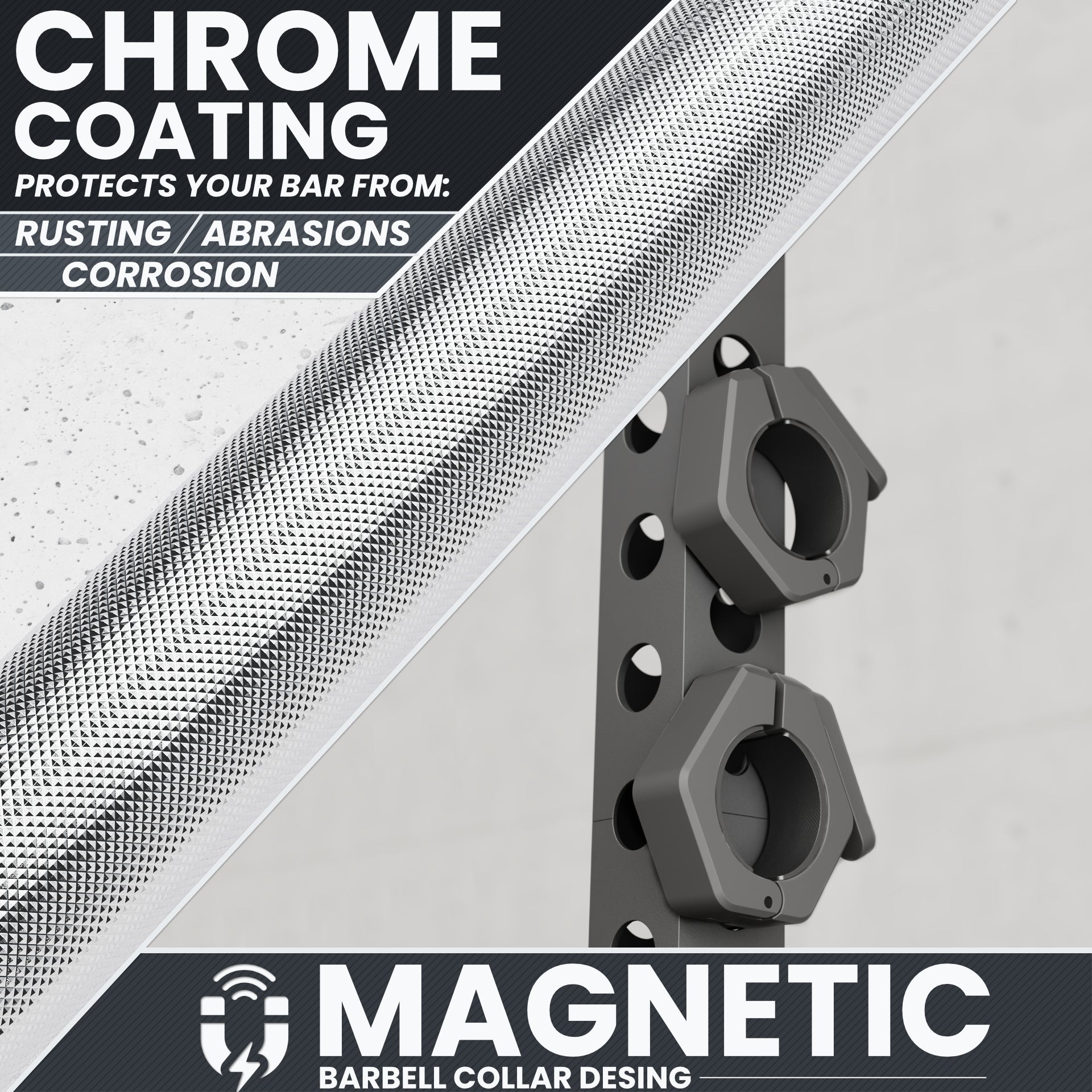 Magnetic barbell collar design with chrome coating for rust and abrasion protection.