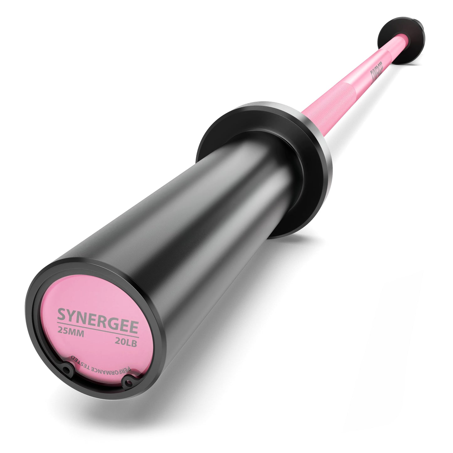 Synergee barbell with a black grip and pink ends, designed for weightlifting and strength training.