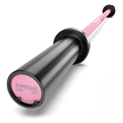 Synergee barbell with a black grip and pink ends, designed for weightlifting and strength training.