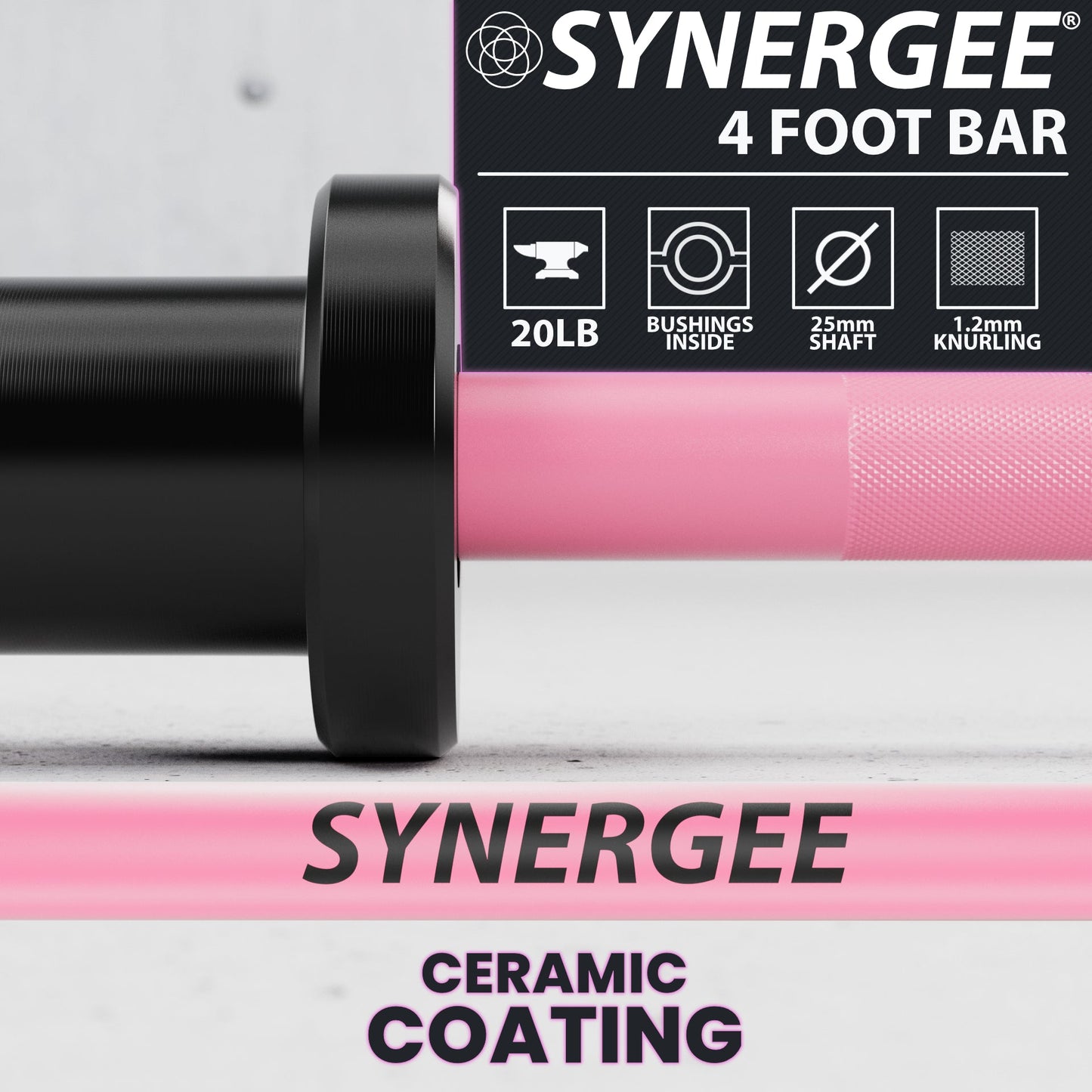 Synergee 4 foot bar with ceramic coating, featuring a 20LB weight and knurling for grip.
