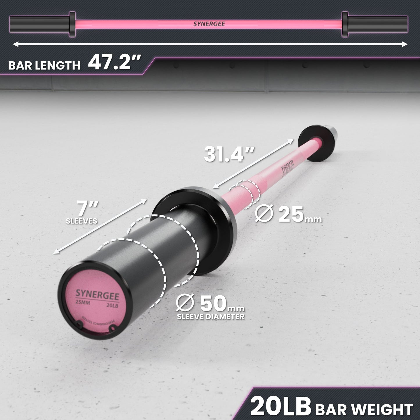 Synerge 20lb bar with a length of 47.2 inches and a pink design, featuring clear measurements.