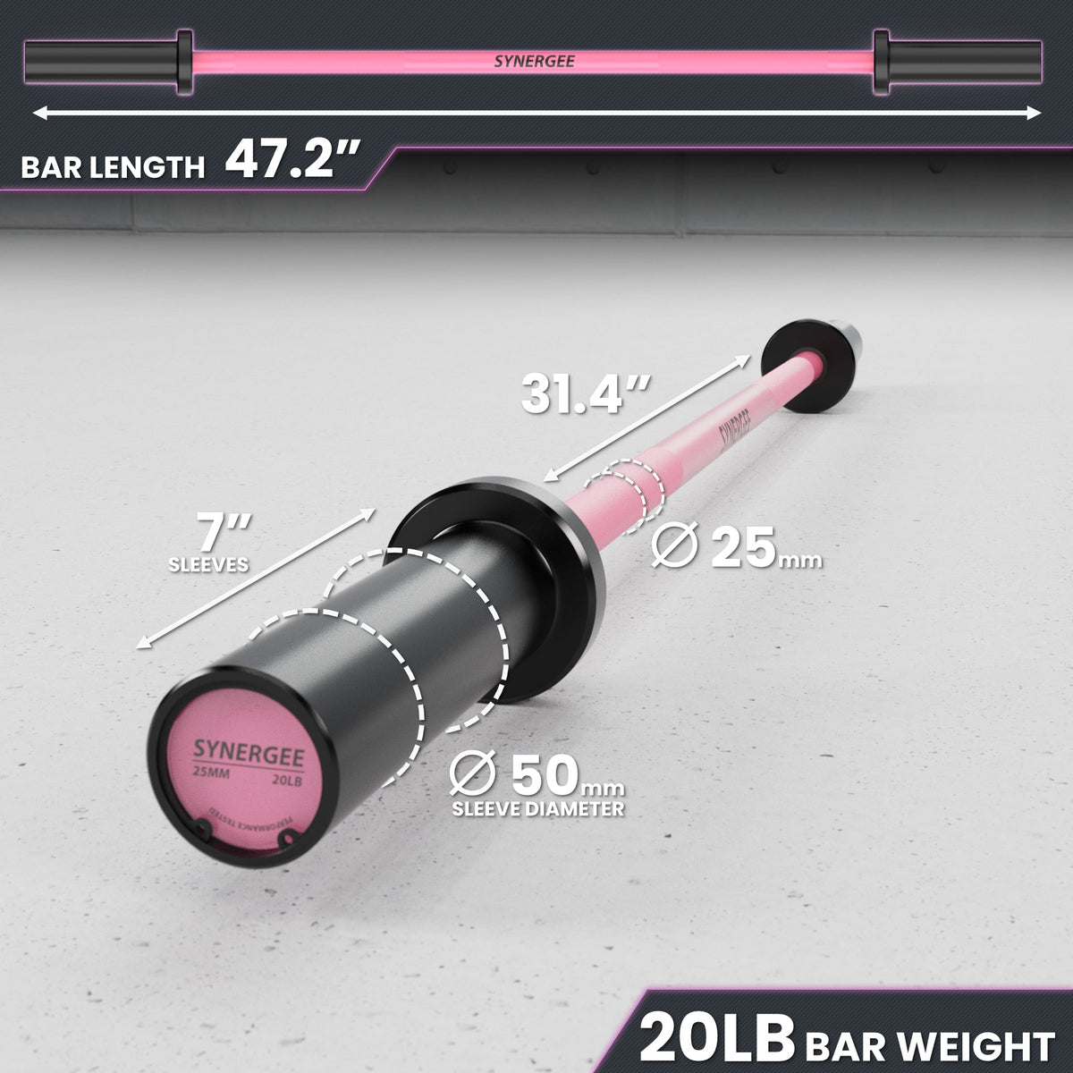 Synerge 20lb bar with a length of 47.2 inches and a pink design, featuring clear measurements.