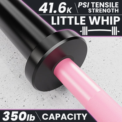 Little Whip barbell with 41.6K PSI tensile strength and 350lb capacity, featuring a pink grip.