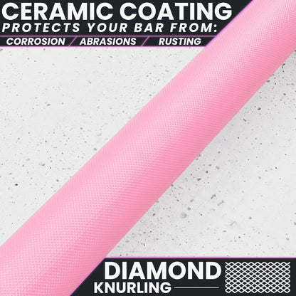 Ceramic Coating protects your bar from corrosion, abrasions, and rusting with a pink diamond knurling texture.