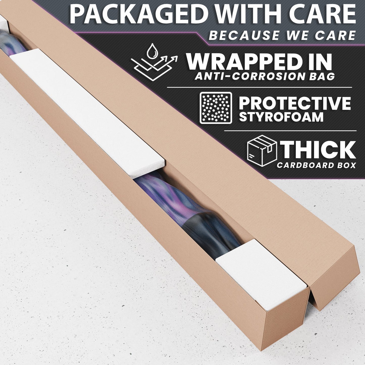 Protective packaging for the product, featuring anti-corrosion bag and thick cardboard box.