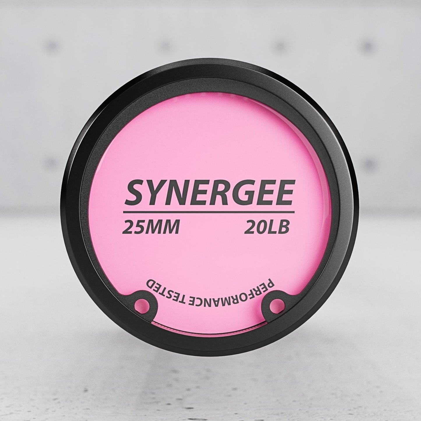 Synergee 25mm 20lb weight plate in vibrant pink color, ideal for strength training.