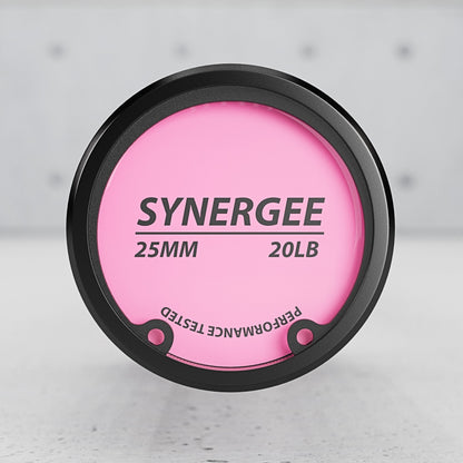 Synergee 25mm 20lb weight plate in vibrant pink color, ideal for strength training.