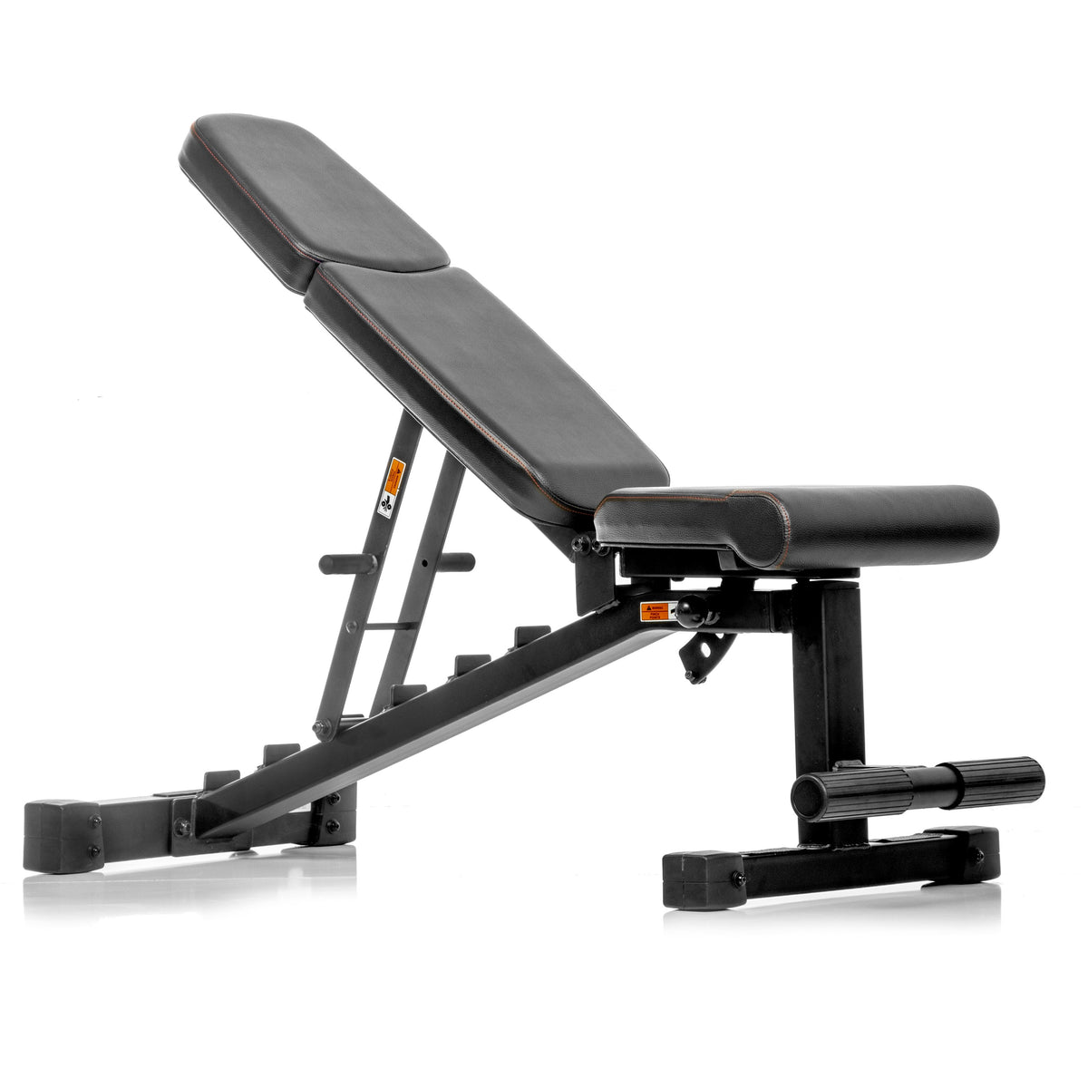 Adjustable weight bench with black padding and sturdy metal frame for versatile workouts.