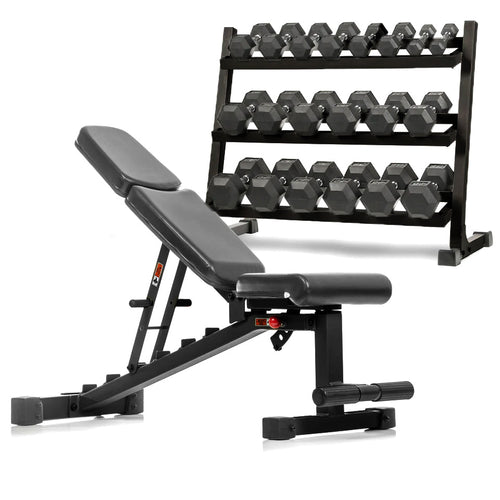 5-50 lb Hex Dumbbell Set with Rack and Weight Bench – Ultimate Home Gym Solution