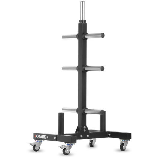 XMark Weight Rack with sturdy design and wheels for easy mobility.