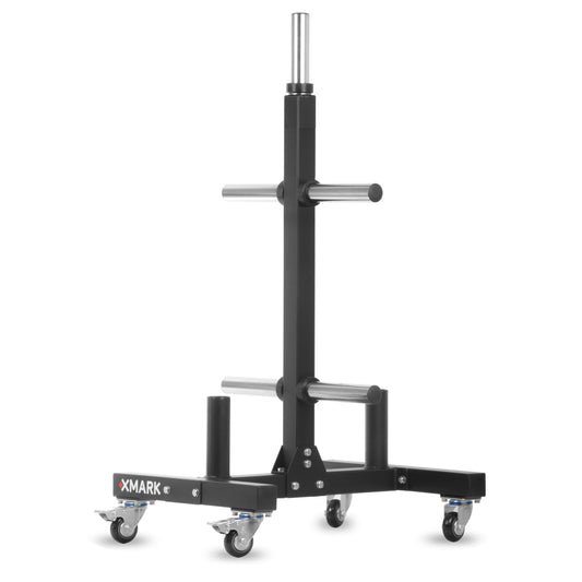 XMark weight storage rack with sturdy frame and wheels for easy mobility.