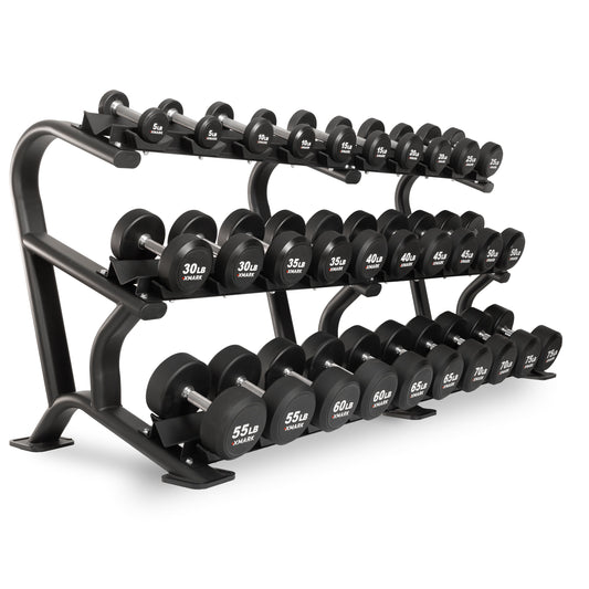 30 lb and 55 lb dumbbell set with sturdy rack for home gym use.