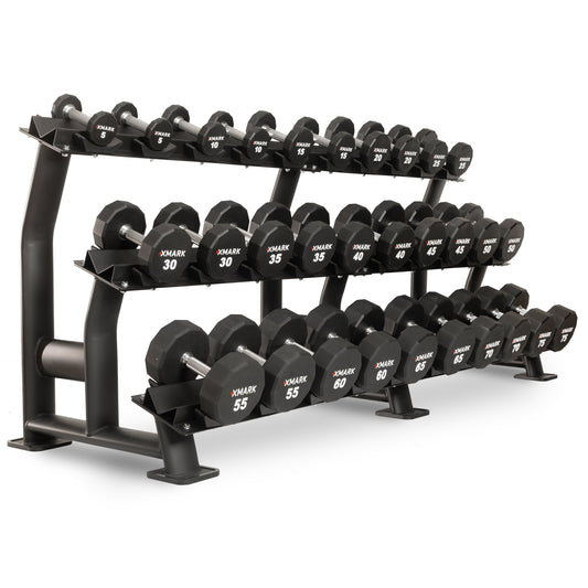 Adjustable Dumbbell Rack with various weights from 30 to 55 pounds for organized storage.