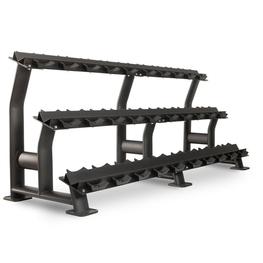 Heavy-duty weight rack for gym equipment with three tiers and a sturdy black frame.