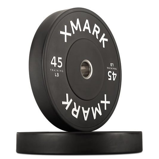 XMark 45 lb rubber weight plate with a sleek black design for strength training.