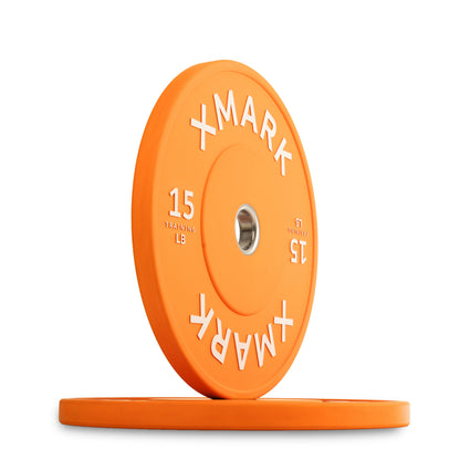 XMark 15 lb orange weight plate with white lettering, ideal for strength training.