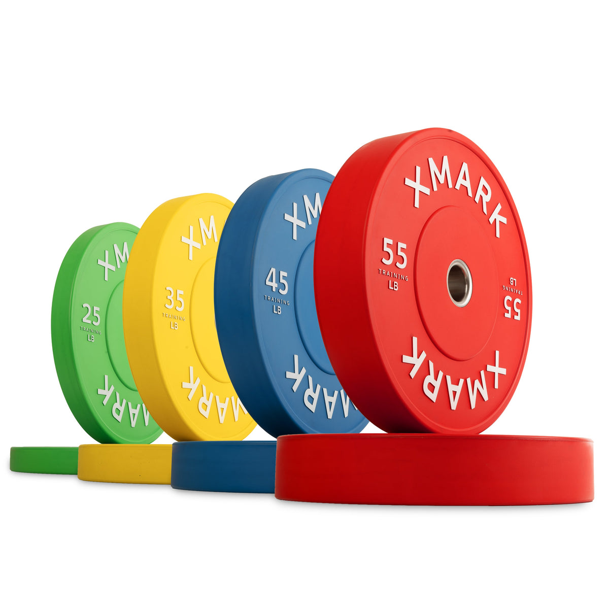 XMark weight plates in various colors, including red, green, yellow, and blue, showcasing different weights.