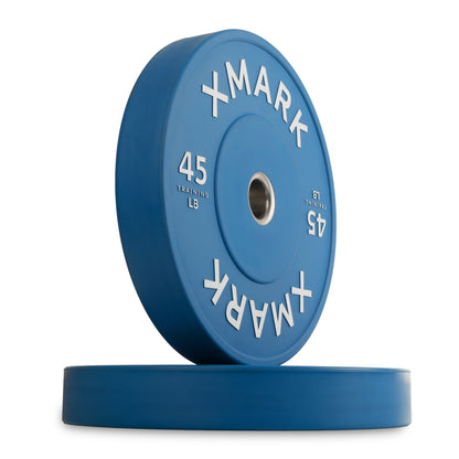 XMark 45 lb blue rubber weight plate with white lettering for strength training.