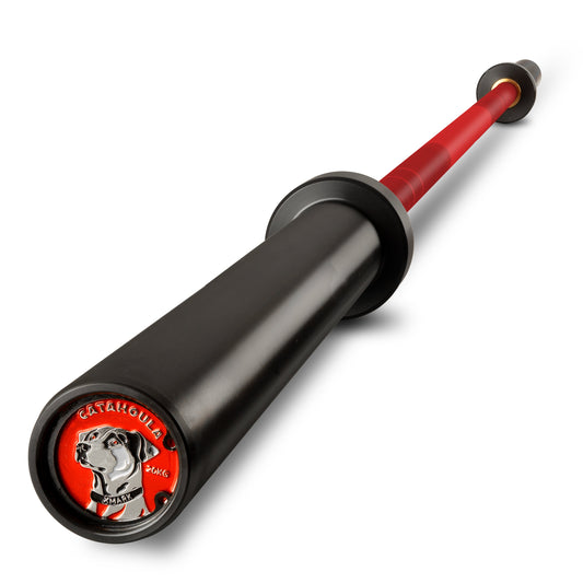 Cathedral Barbell featuring a black and red design with a dog logo on the end.
