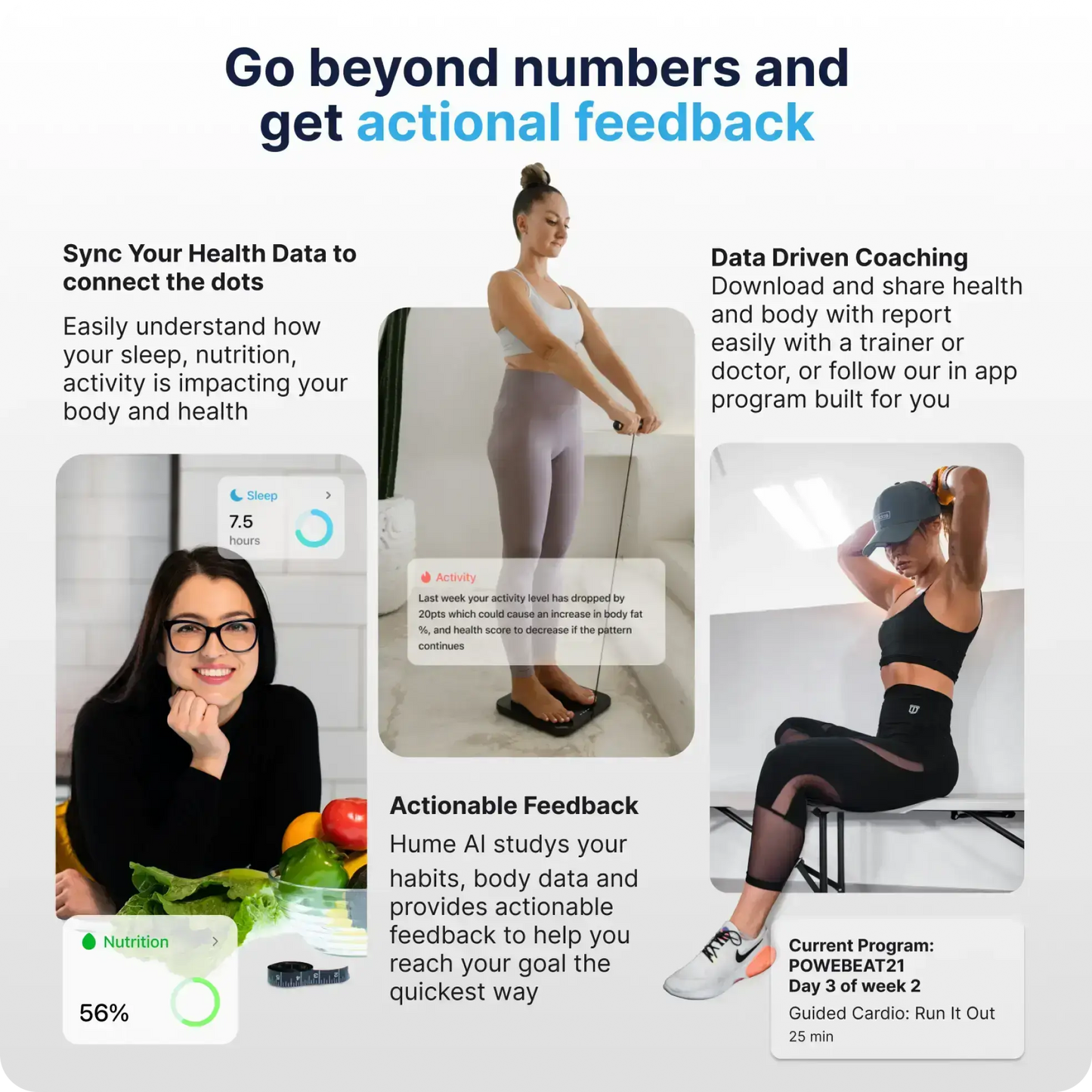 Actionable feedback from Hume AI helps sync health data for better wellness insights.