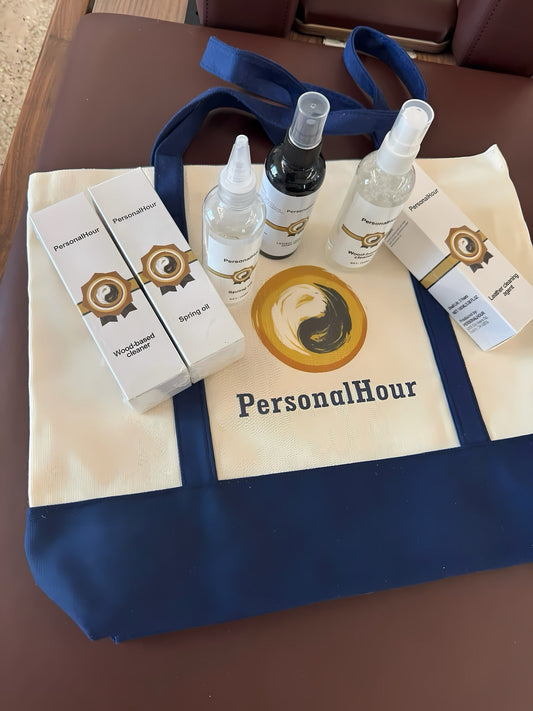 PersonalHour tote bag with skincare products including sprays and boxes displayed neatly.