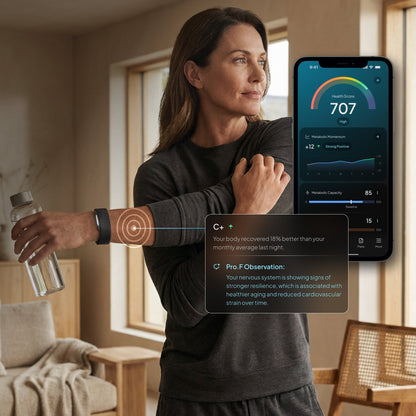 Smart Health Tracker displaying metrics on a smartphone with a woman in a gray sweater holding a water bottle.