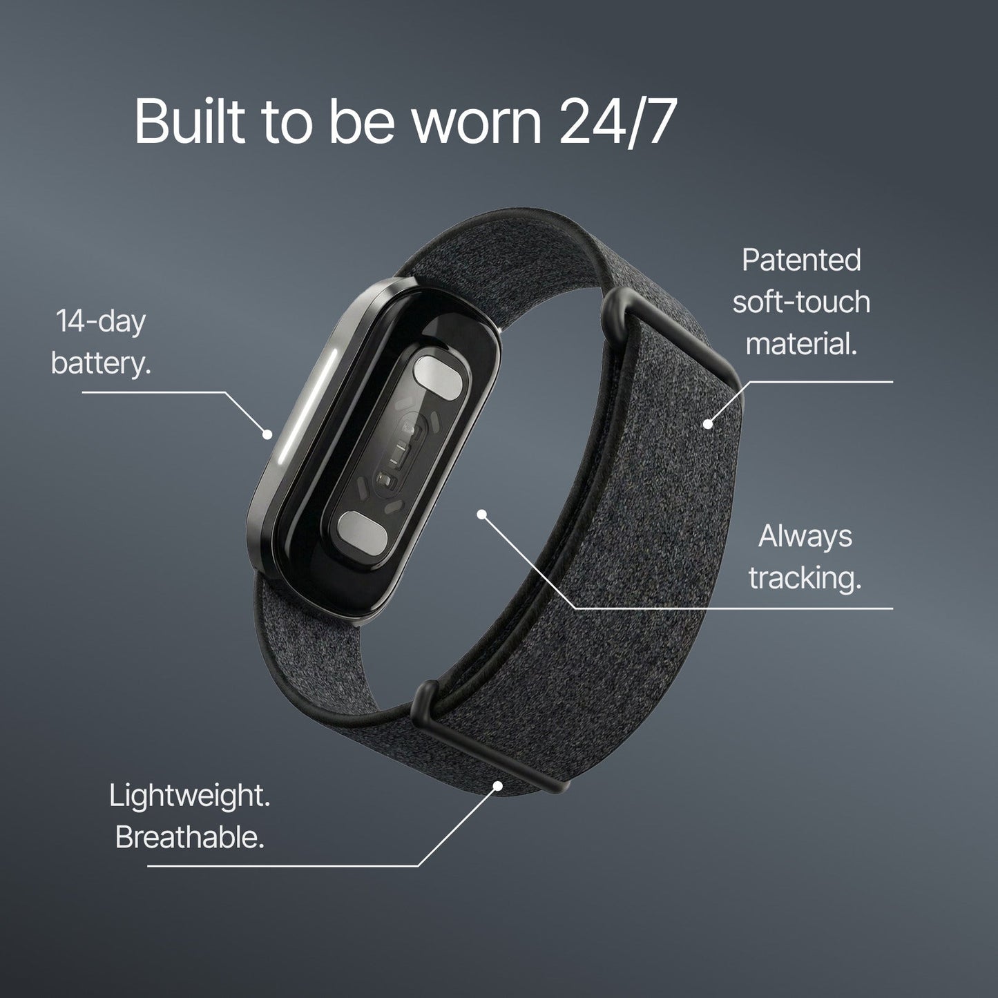 Fitness Tracker with patented soft-touch material, 14-day battery, and breathable design.