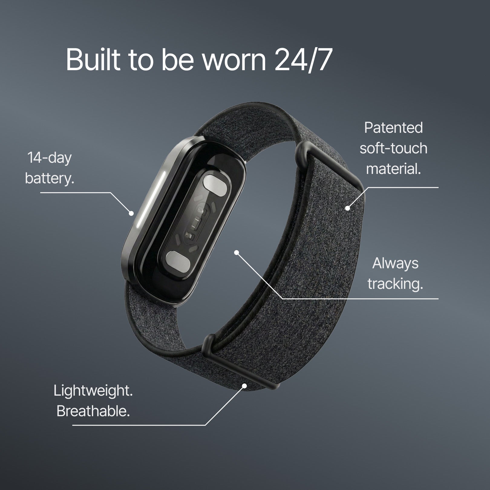 Fitness Tracker with patented soft-touch material, 14-day battery, and breathable design.