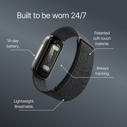 Fitness Tracker with patented soft-touch material, 14-day battery, and breathable design.