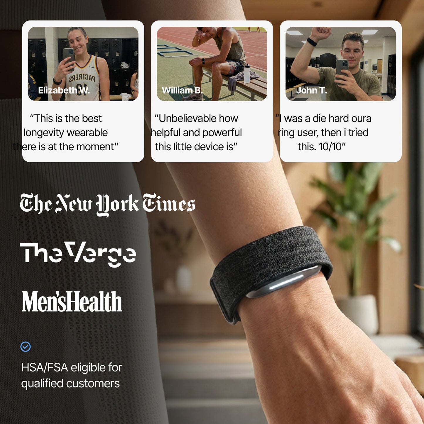 Fitness Tracker with user testimonials highlighting its effectiveness and features.