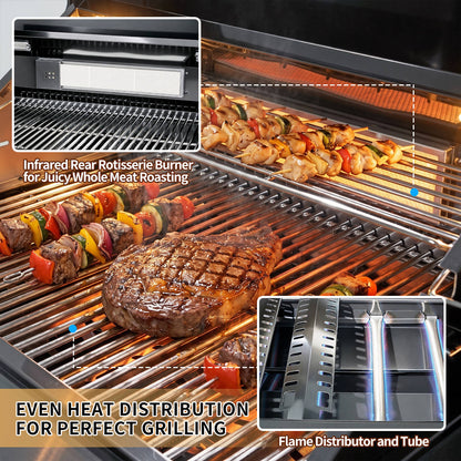 85" 4-Burner 72000 BTU Black Outdoor Kitchen Island Grill with Compact Refrigerator Marble Countertops Sink