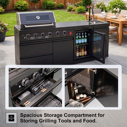 102" 6-Burner 85,000 BTU Black Outdoor Kitchen Island Grill + Refrigerator + Marble Countertops + Sink