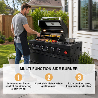65" 4-Burner 72,000 BTU Black Outdoor Kitchen Island Grill + Round Side Burner