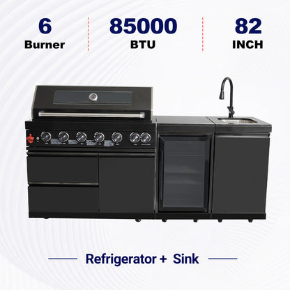82" 6-Burner 85,000 BTU Gas Outdoor Kitchen Island Grill Stainless Steel Sink Wine Cooler