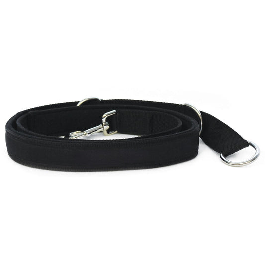 Black dog leash with padded handle and metal clip for comfort and durability.