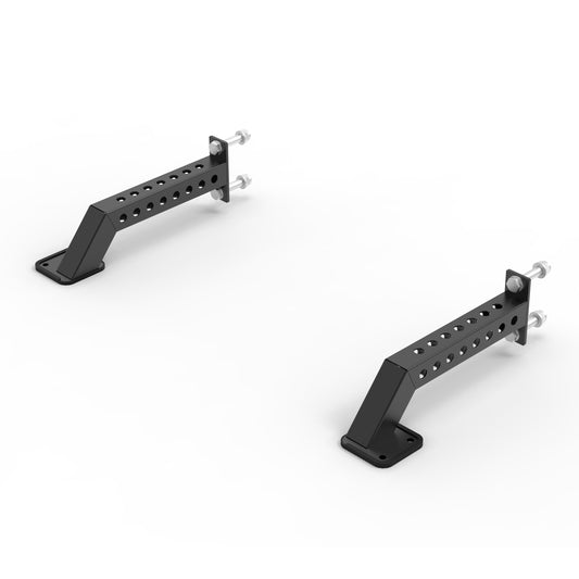 Heavy-duty squat rack attachments featuring adjustable height and sturdy black steel construction.