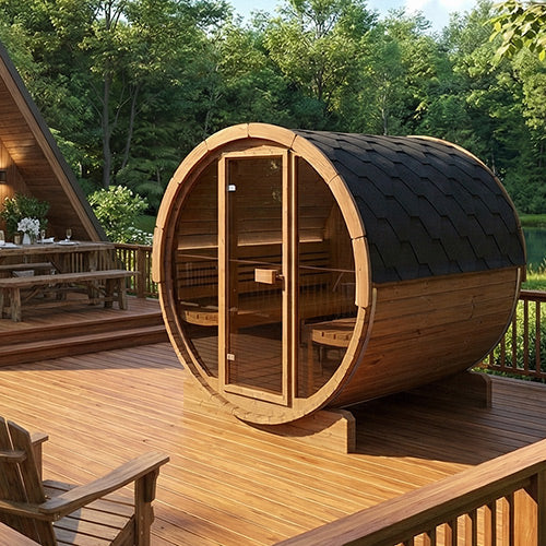 SaunaLife Model E8G | Large Barrel Sauna Full Glass Front
