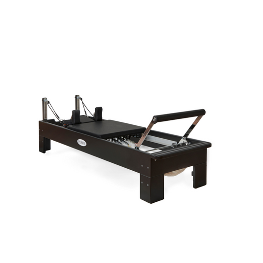 Pilates reformer with adjustable resistance and sleek black design for effective workouts.