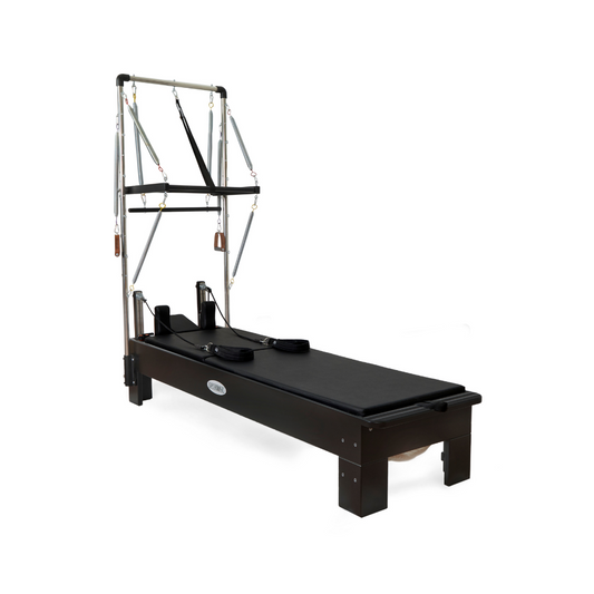 Pilates reformer with adjustable straps and a sleek black design for versatile workouts.
