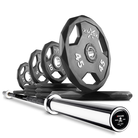 XMark Dumbbell Set with various weights including 10, 25, and 45 pounds, featuring a chrome barbell.
