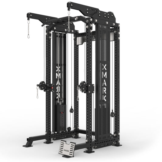 XMark functional trainer with dual cable systems and adjustable weight stacks for versatile workouts.