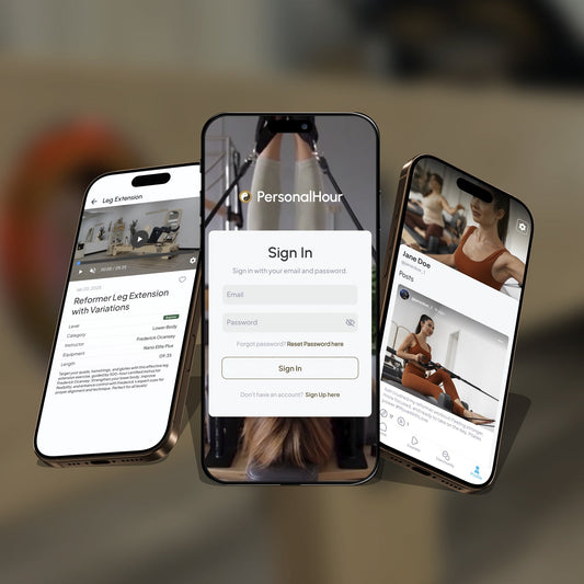 PersonalHour app displayed on three smartphones showcasing fitness features and sign-in page.
