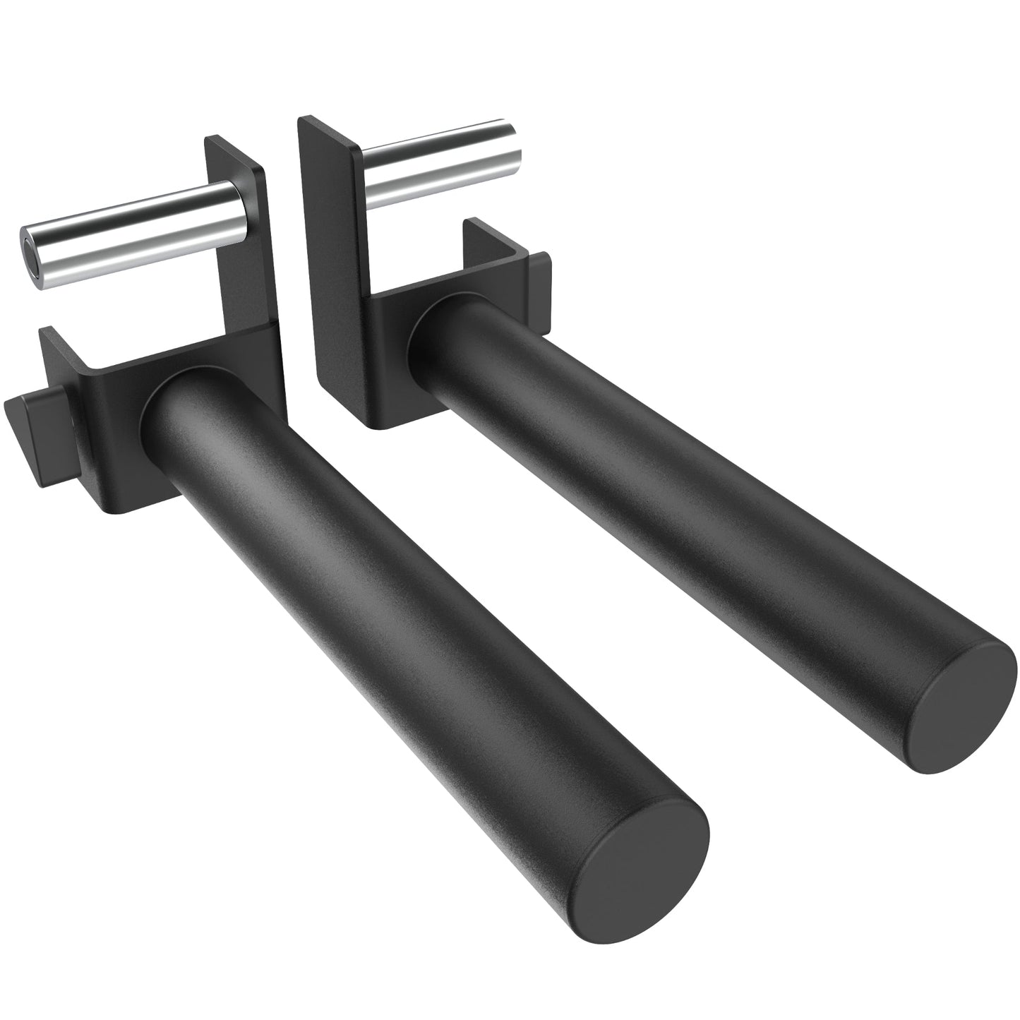 Adjustable dip bars for strength training, featuring a sturdy black design and chrome accents.