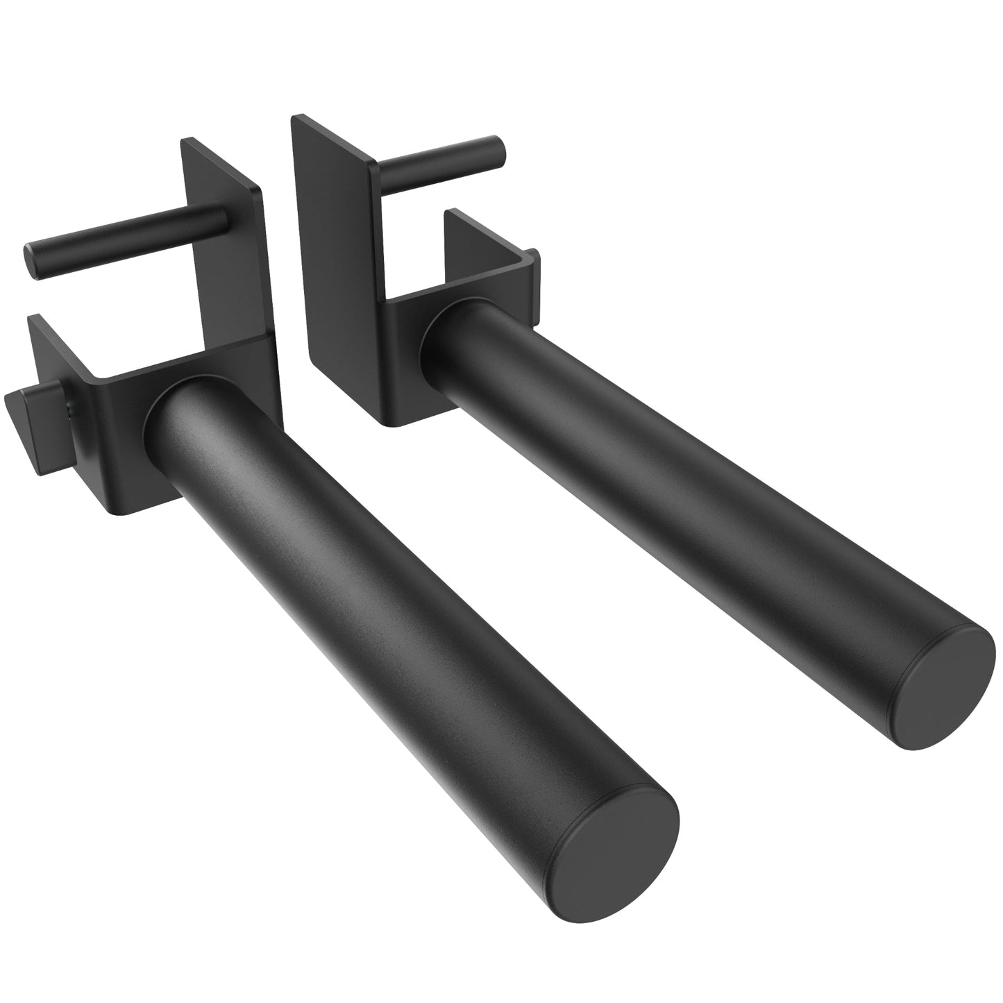 Black dip bars designed for strength training and fitness workouts.